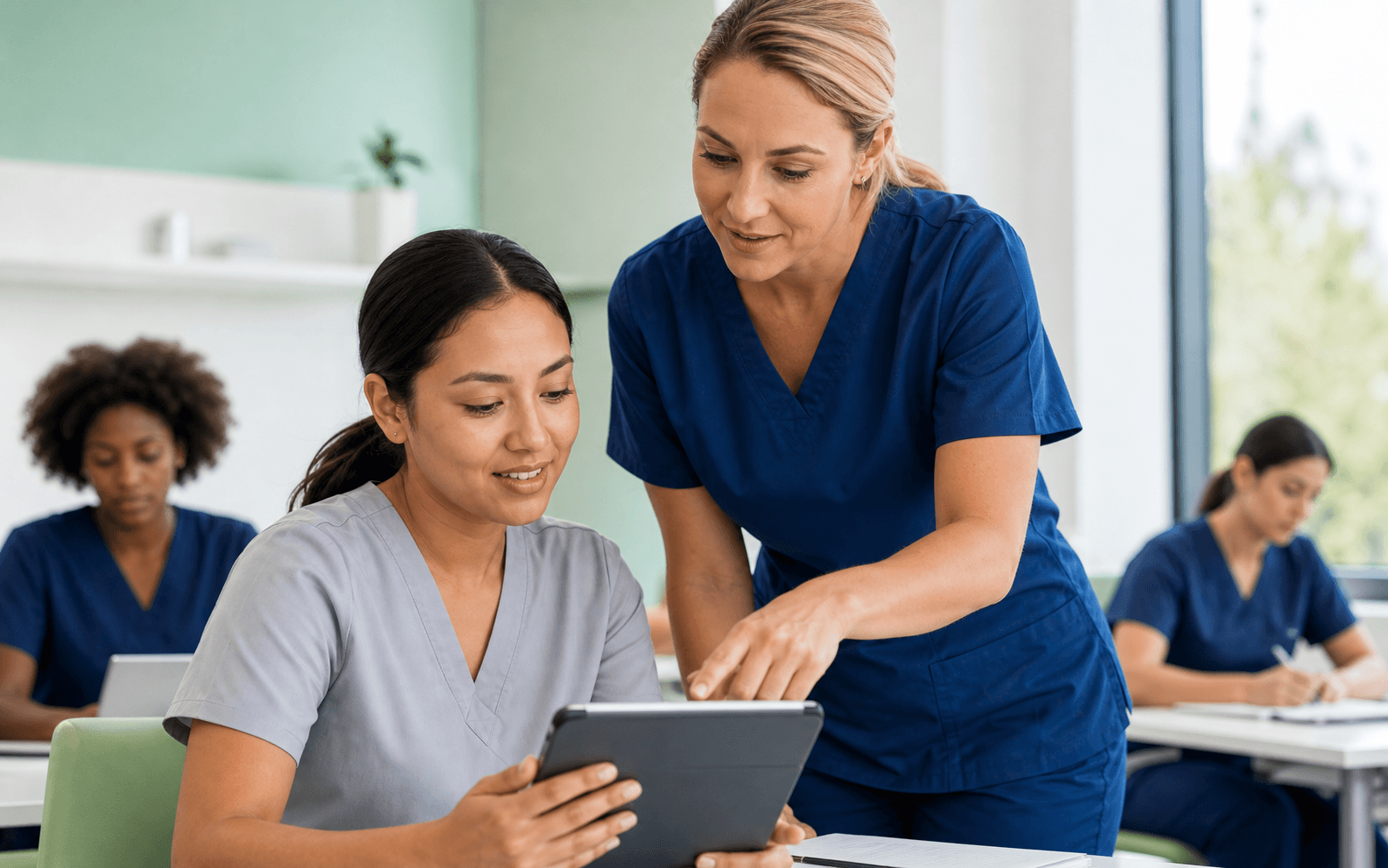 Nurse educator guiding an adult learner with a tablet in a clinical classroom